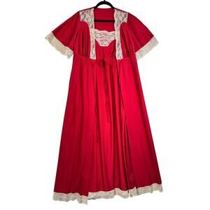 Shadowline Mod Peignoir Red Satin Maxi Nightgown Lingerie Robe Set MCM VTG Lace